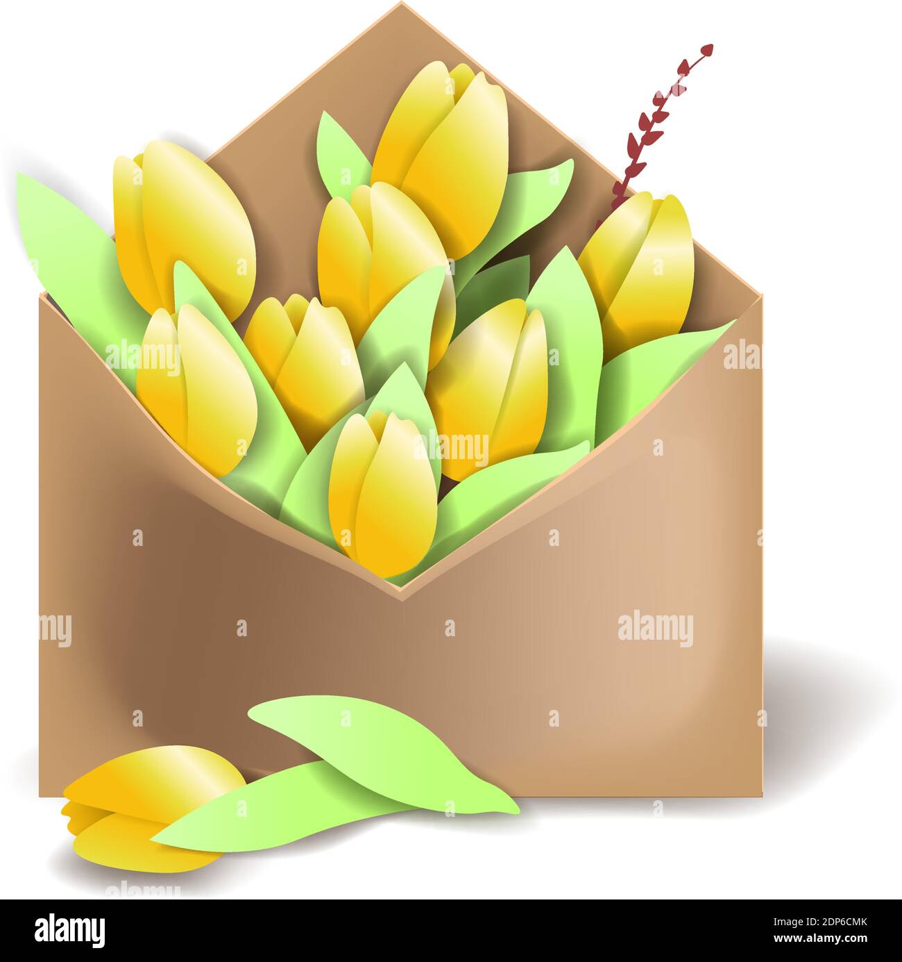 Tulipani di colore giallo nella busta di carta con molle e un fiore che giace separatamente Illustrazione Vettoriale