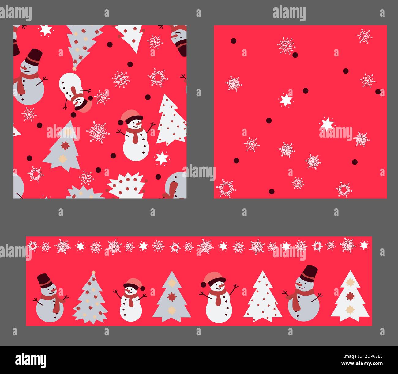 3 motivi senza giunture in un unico set. Colori rosso brillante e pupazzi di neve felici. Un sacco di fiocchi di neve e bei alberi di Natale Illustrazione Vettoriale