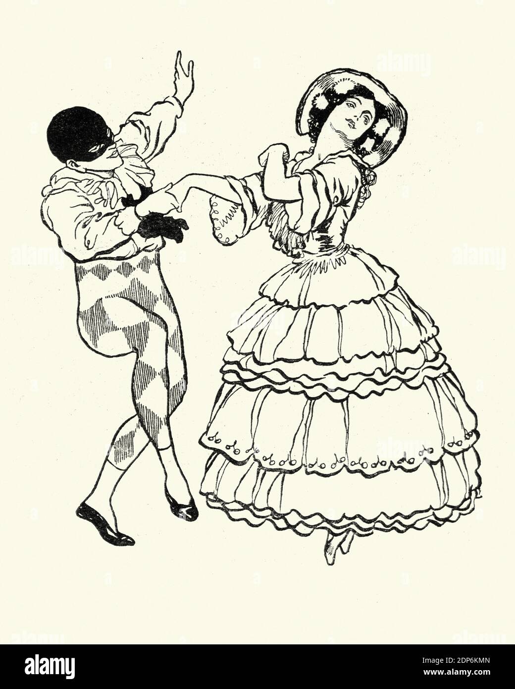 Harlequin danza con la signora del balletto russo Carnaval, un balletto basato sulla musica del piano suite di Robert Schumann, Carnaval, Op. 9. Rene B Foto Stock