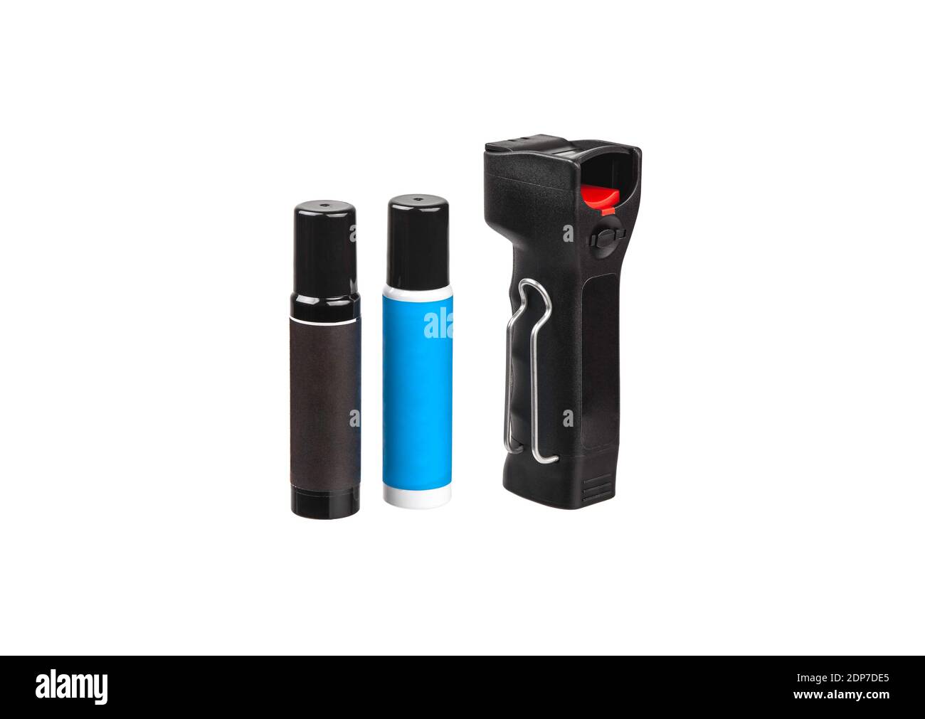 Pepe spray isolato su fondo bianco. Mezzi non letali di autodifesa. Foto Stock