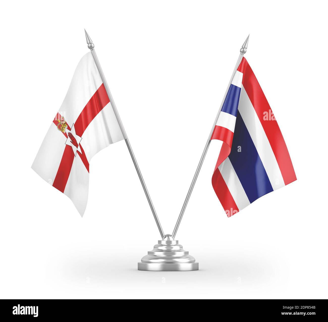 Bandiere da tavolo per Thailandia e Irlanda del Nord isolate su 3D bianco rendering Foto Stock