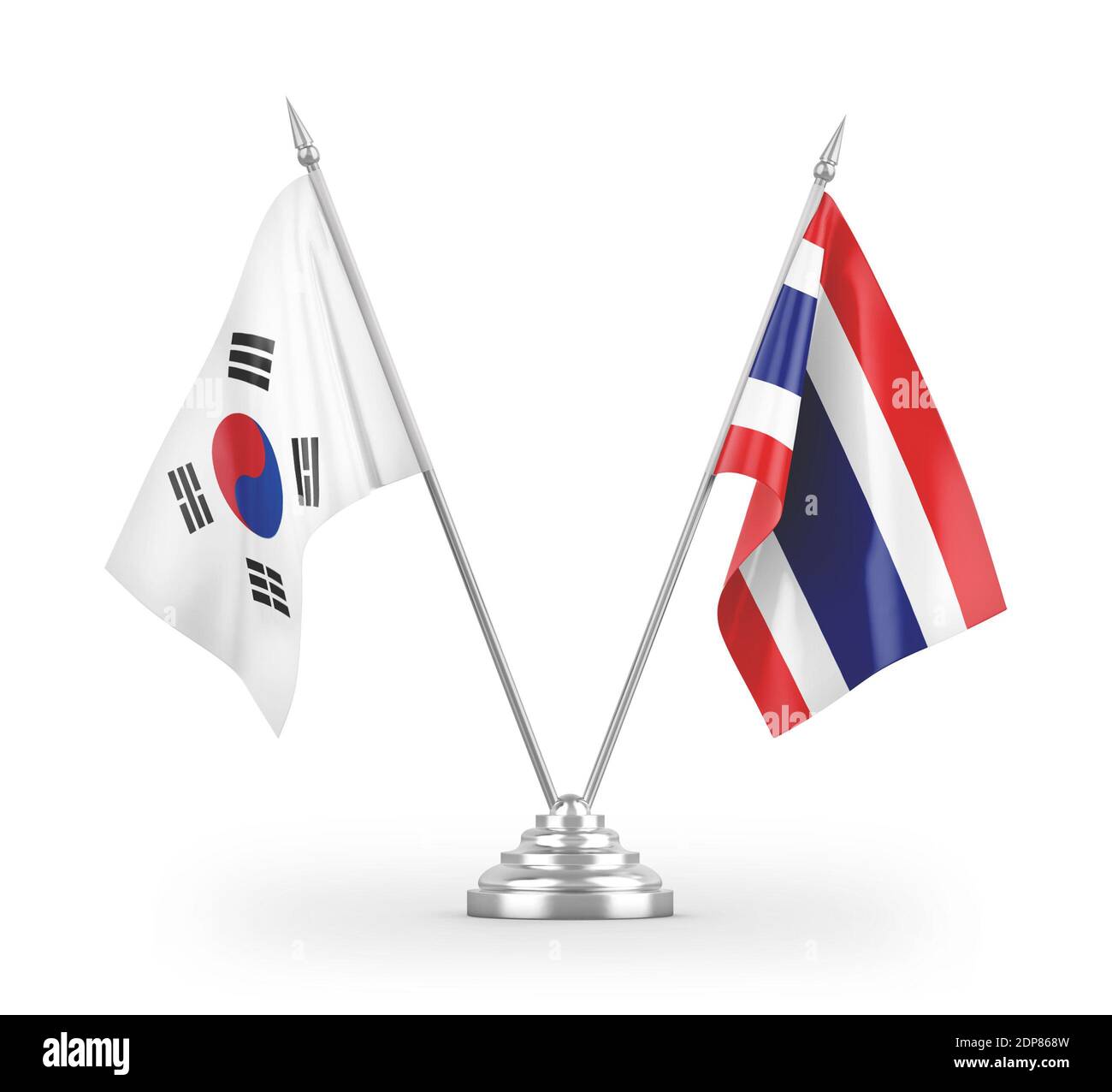 Bandiere da tavolo per Thailandia e Corea del Sud isolate su 3D bianco rendering Foto Stock