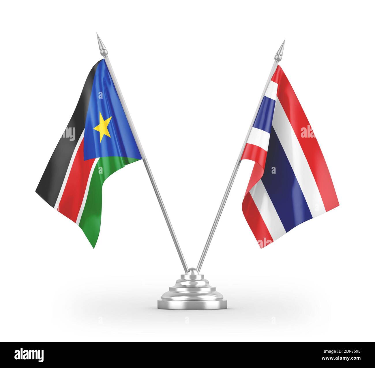 Thailandia e Sud Sudan bandiere da tavolo isolate su 3D bianco rendering Foto Stock