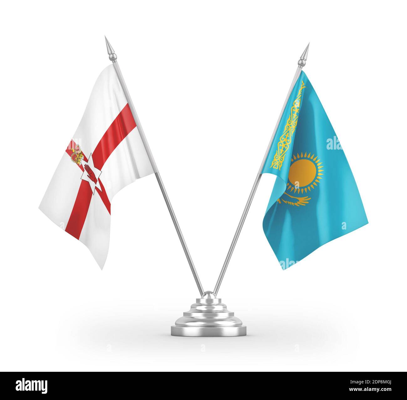 Bandiere da tavolo del Kazakistan e dell'Irlanda del Nord isolate su 3D bianco rendering Foto Stock