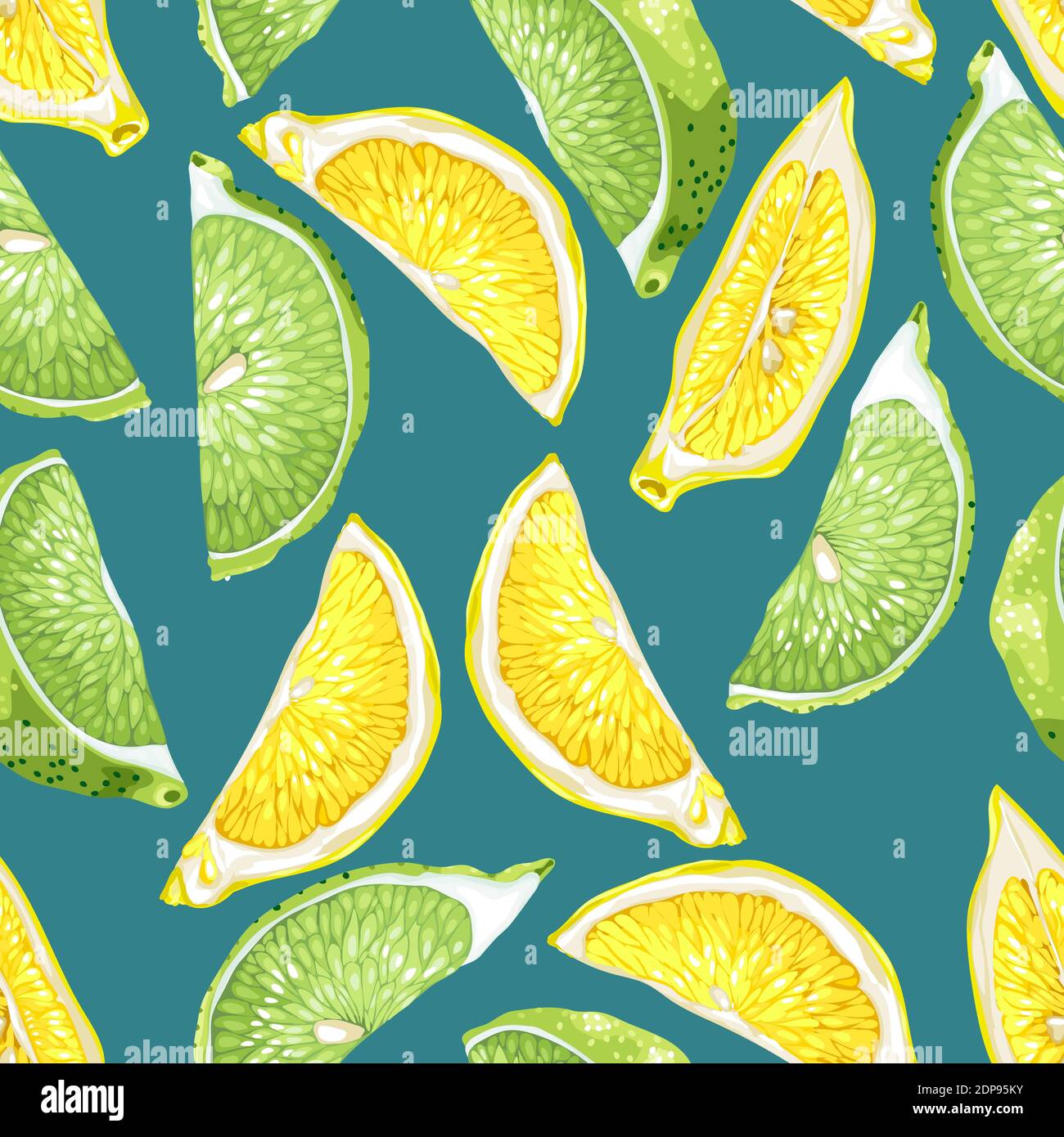 Motivo senza cuciture con fette di limone e lime agli agrumi frutti in un'illustrazione vettoriale realistica in colori brillanti Illustrazione Vettoriale