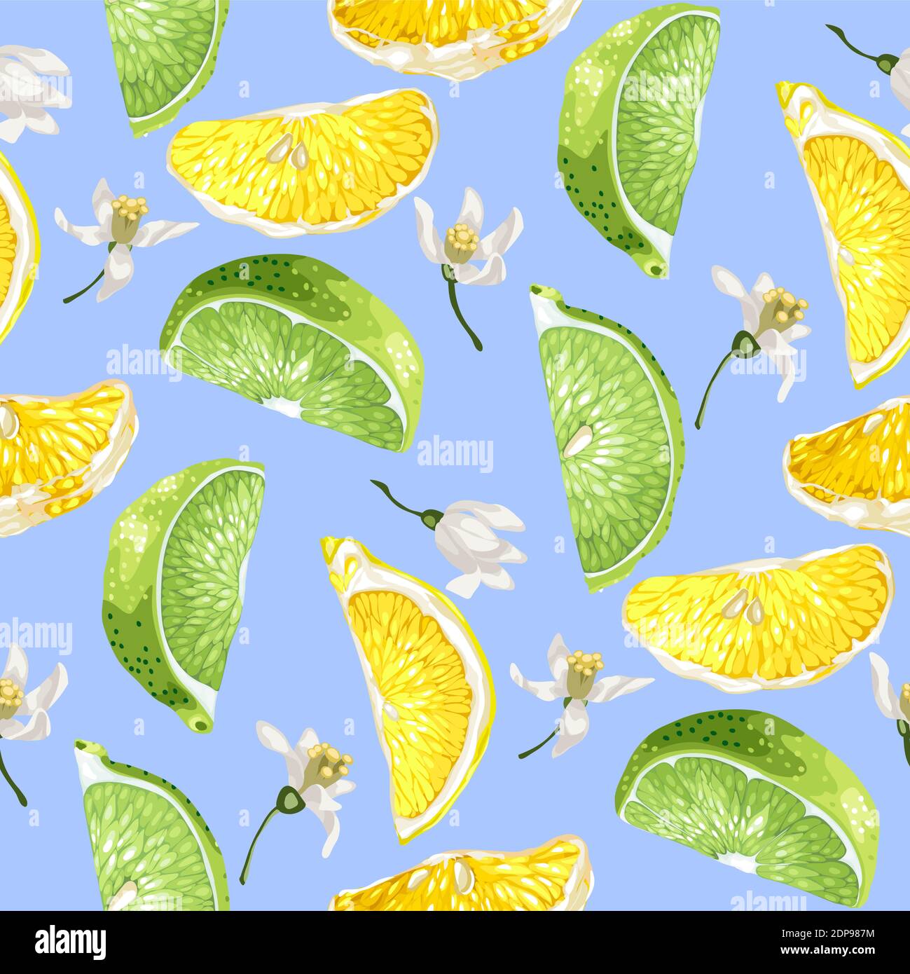 Motivo estivo senza cuciture con fette di limone e lime agli agrumi frutti di albero e fiori in illustrazione vettoriale realistica in luminoso colori Illustrazione Vettoriale