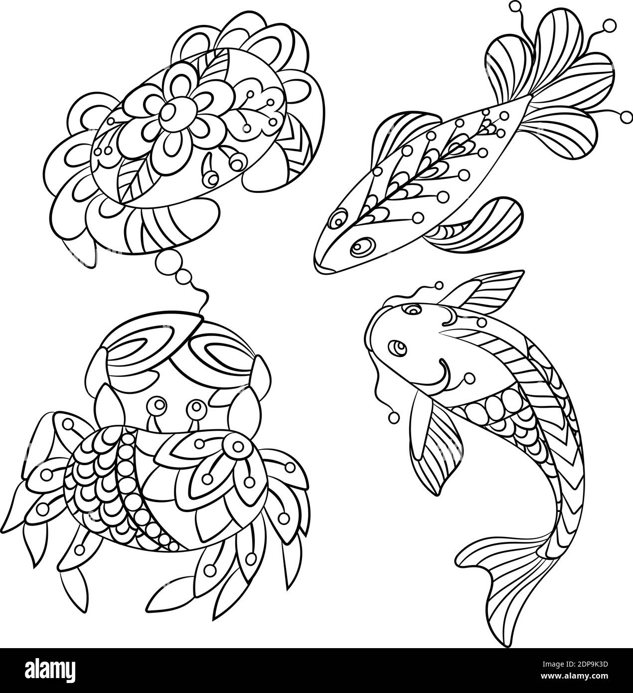 Insieme di animali marini in grafica vettoriale in colorazione pagine per bambini e adulti con pesce e granchio Illustrazione Vettoriale