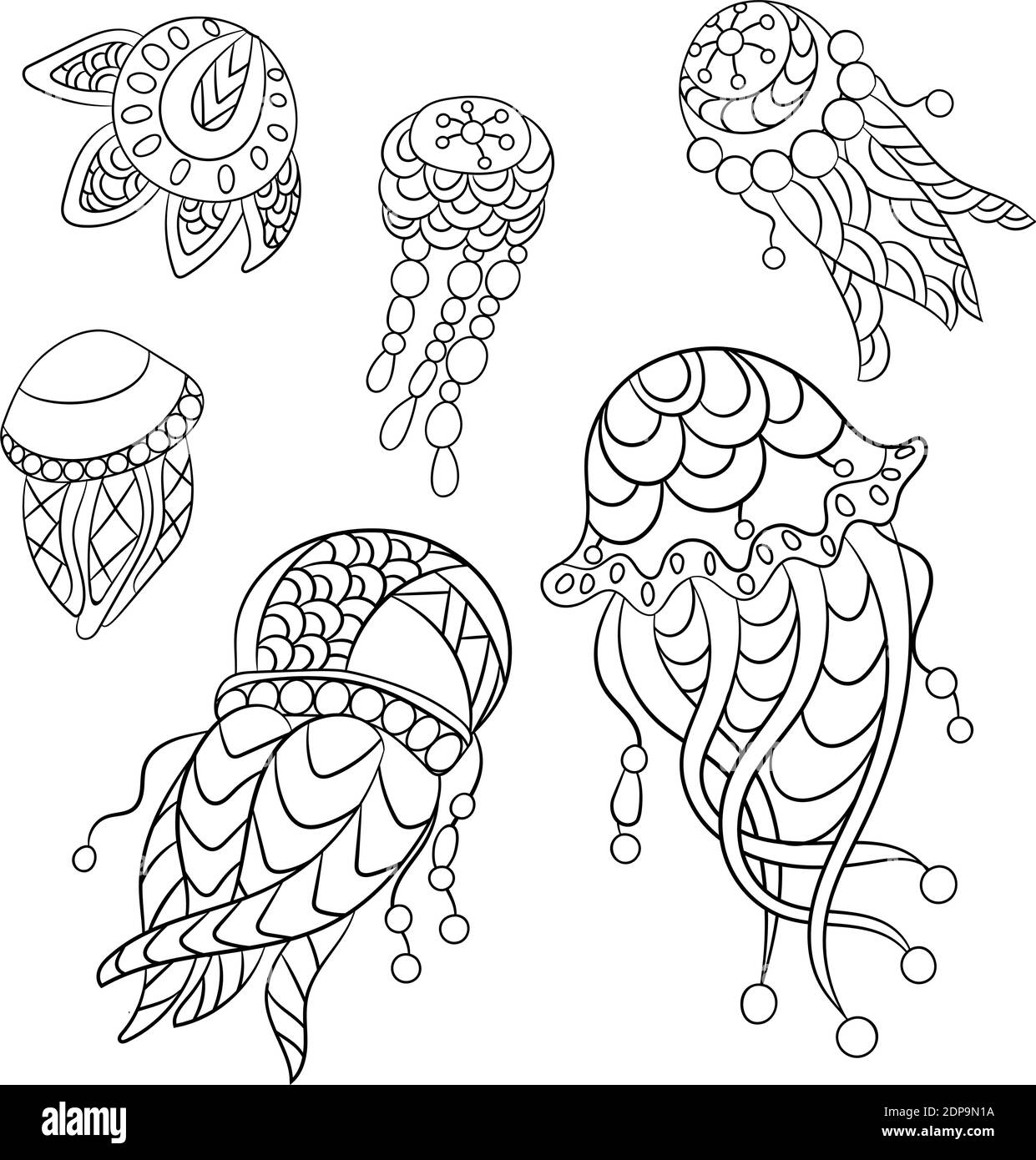 Pagine da colorare in grafica vettoriale per bambini e adulti con animali oceanici come meduse, plancton e altri Illustrazione Vettoriale