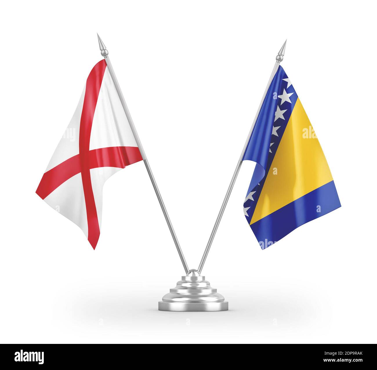 Le bandiere da tavola della Bosnia-Erzegovina e dell'Irlanda del Nord sono isolate bianco Foto Stock