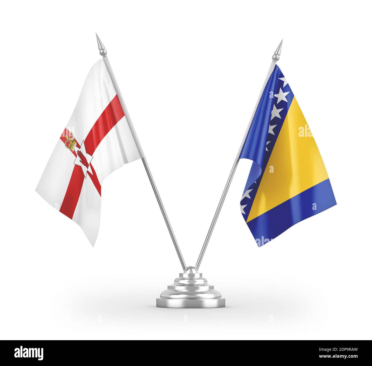 Le bandiere da tavola della Bosnia-Erzegovina e dell'Irlanda del Nord sono isolate bianco Foto Stock