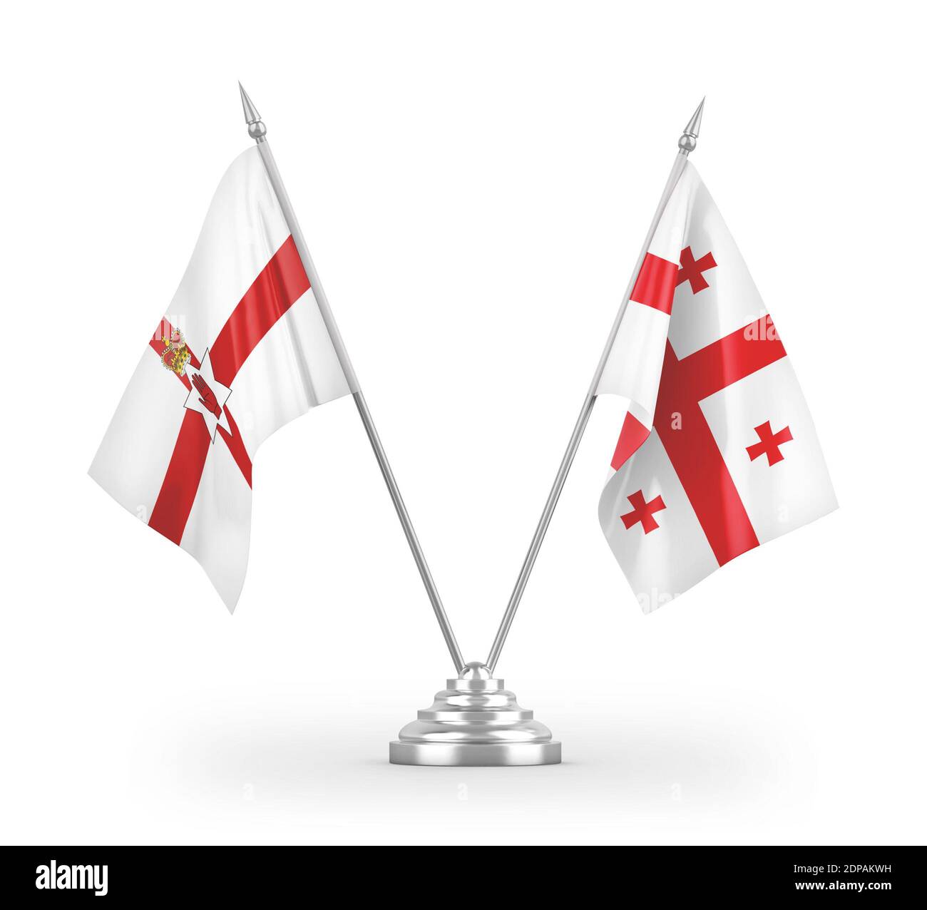 Bandiere da tavolo della Georgia e dell'Irlanda del Nord isolate su 3D bianco rendering Foto Stock