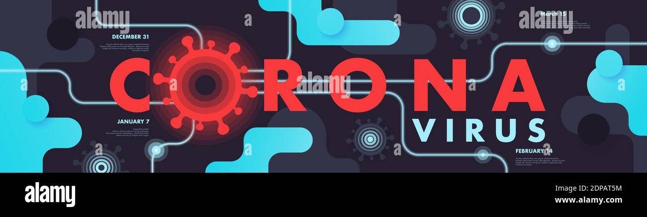 COVID-19 pandemia contesto astratto Illustrazione. Città cinese di Wuhan. Logo del coronavirus, simbolo. Mappa della timeline. Modello infografiche. Tema scuro. Illustrazione Vettoriale