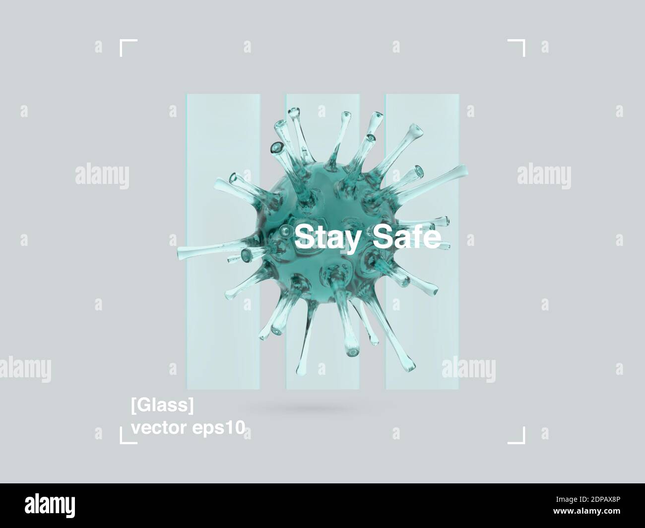 Composizione 3D di pannelli di vetro e virus di vetro in un design moderno stile. COVID-19 Banner Pandemic Stay Safe. Poster di disegno di illustrazione astratta. VEC Illustrazione Vettoriale