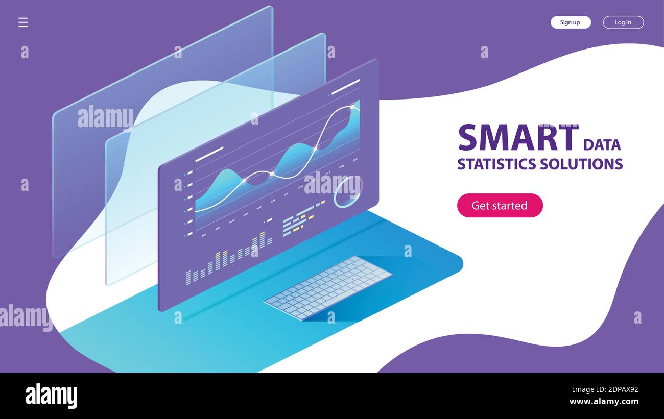 Concetto isometrico di Smart Data Statistics Solutions. Modello di concetto della landing page. Grafici e statistiche di analisi. EPS vettoriale 10 Illustrazione Vettoriale