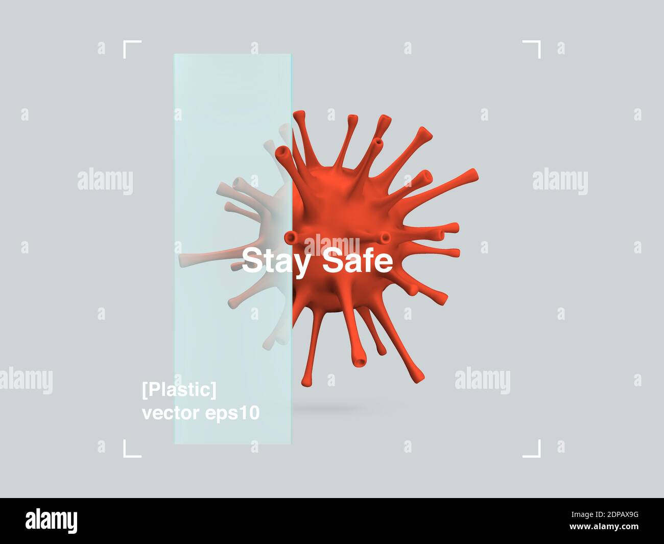 Composizione 3D del virus del vetro e della plastica in uno stile di design moderno. COVID-19 Banner Pandemic Stay Safe. Poster di disegno di illustrazione astratta. Vettore e Illustrazione Vettoriale
