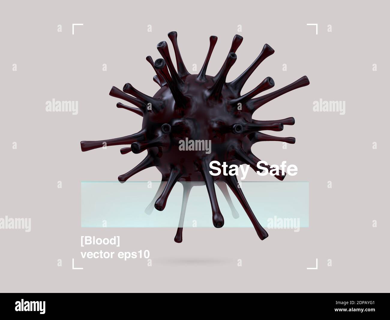 Composizione 3D di vetro e virus del sangue in un design moderno stile. COVID-19 Banner Pandemic Stay Safe. Poster di disegno di illustrazione astratta. EPS vettoriale Illustrazione Vettoriale