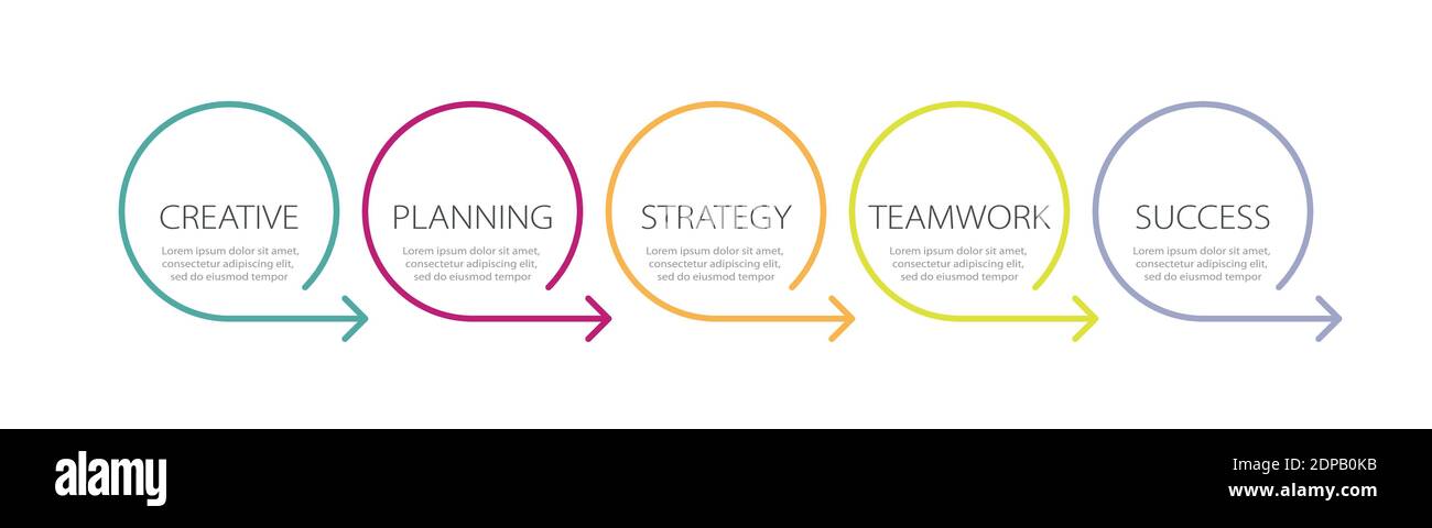 Modello infografico a linee sottili con 5 passaggi. Infografiche moderne del concetto di business con opzioni per brochure, diagrammi, flussi di lavoro, tempistiche. EPS vettoriale 1 Illustrazione Vettoriale