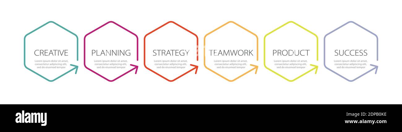 Modello infografico a linea sottile con 6 passaggi. Infografiche moderne del concetto di business con opzioni per brochure, diagrammi, flussi di lavoro, tempistiche. EPS vettoriale 1 Illustrazione Vettoriale