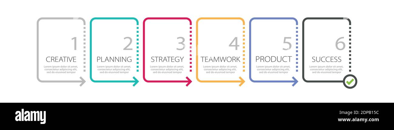 Modello infografico a linea sottile con 6 passaggi. Infografiche moderne del concetto di business con opzioni per brochure, diagrammi, flussi di lavoro, tempistiche. EPS vettoriale 1 Illustrazione Vettoriale