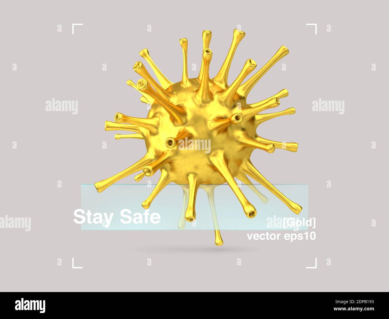 Composizione 3D di vetro e virus dell'oro in uno stile di design moderno. COVID-19 Banner Pandemic Stay Safe. Poster di disegno di illustrazione astratta. EPS vettoriale Illustrazione Vettoriale