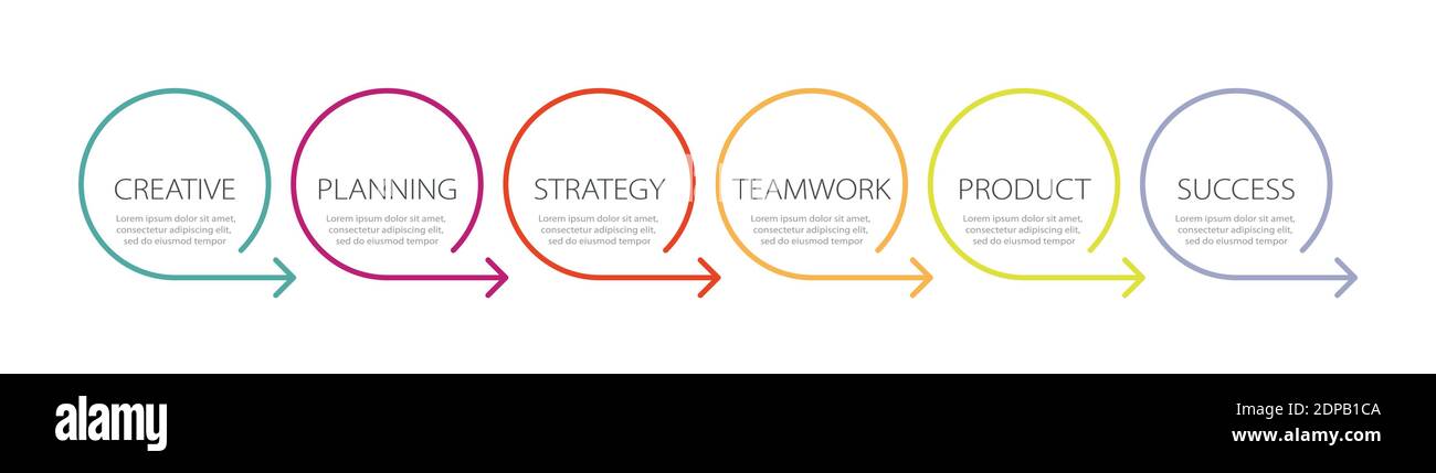 Modello infografico a linea sottile con 6 passaggi. Infografiche moderne del concetto di business con opzioni per brochure, diagrammi, flussi di lavoro, tempistiche. EPS vettoriale 1 Illustrazione Vettoriale