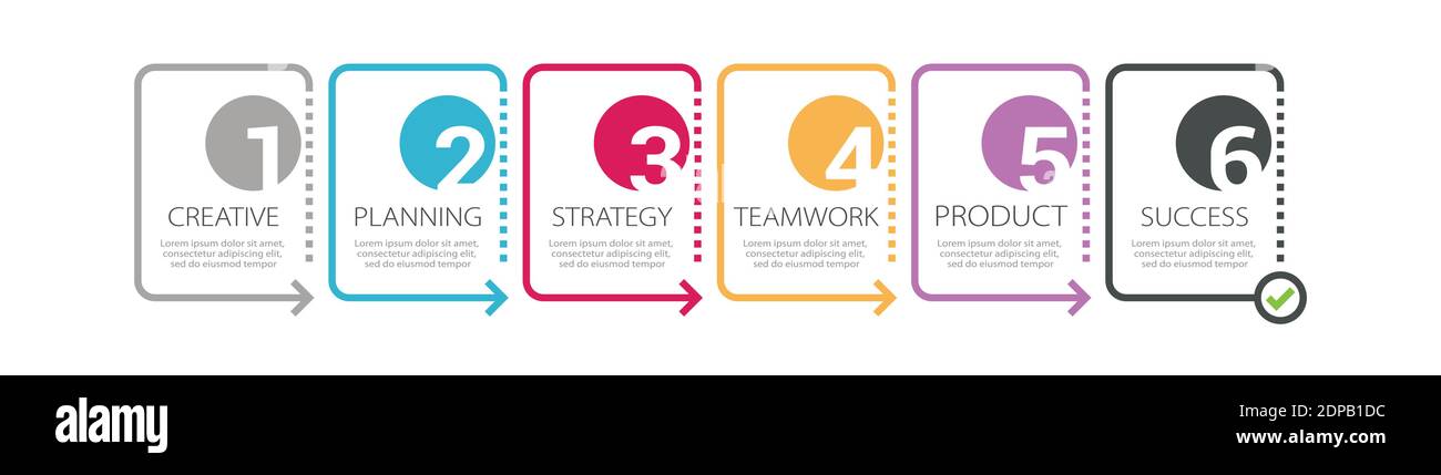 Modello infografico a linea sottile con 6 passaggi. Infografiche moderne del concetto di business con opzioni per brochure, diagrammi, flussi di lavoro, tempistiche. EPS vettoriale 1 Illustrazione Vettoriale