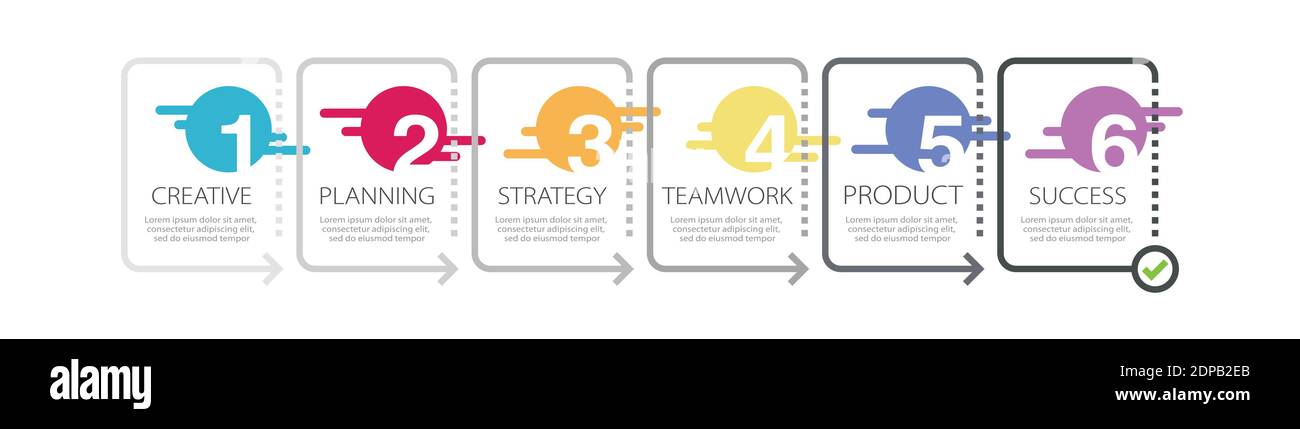 Modello infografico a linea sottile con 6 passaggi. Infografiche moderne del concetto di business con opzioni per brochure, diagrammi, flussi di lavoro, tempistiche. EPS vettoriale 1 Illustrazione Vettoriale