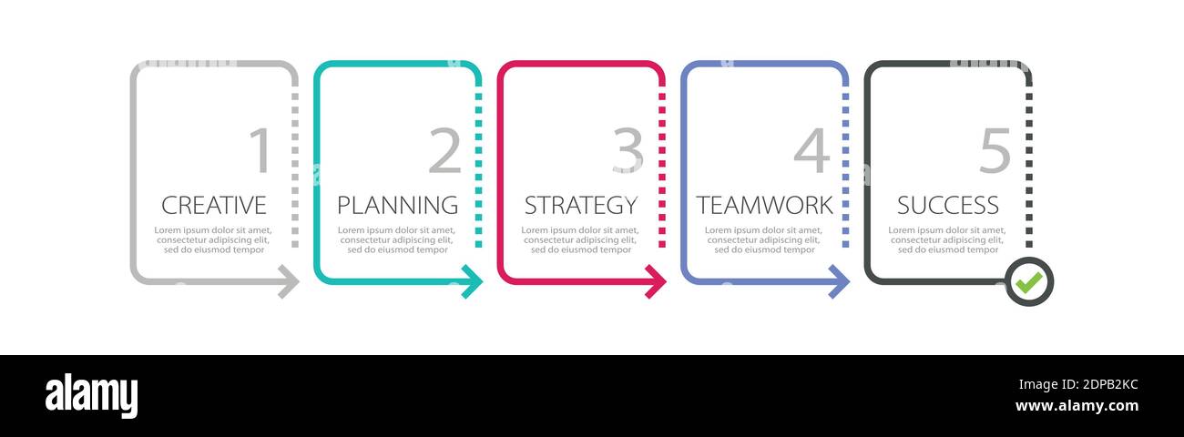 Modello infografico a linee sottili con 5 passaggi. Infografiche moderne del concetto di business con opzioni per brochure, diagrammi, flussi di lavoro, tempistiche. EPS vettoriale 1 Illustrazione Vettoriale