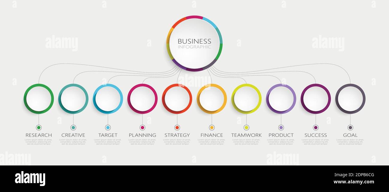 Modello infografico 3D astratto con 10 passaggi per il successo. Modello di Business Circle con opzioni per brochure, diagrammi, flusso di lavoro, timeline, web desig Illustrazione Vettoriale