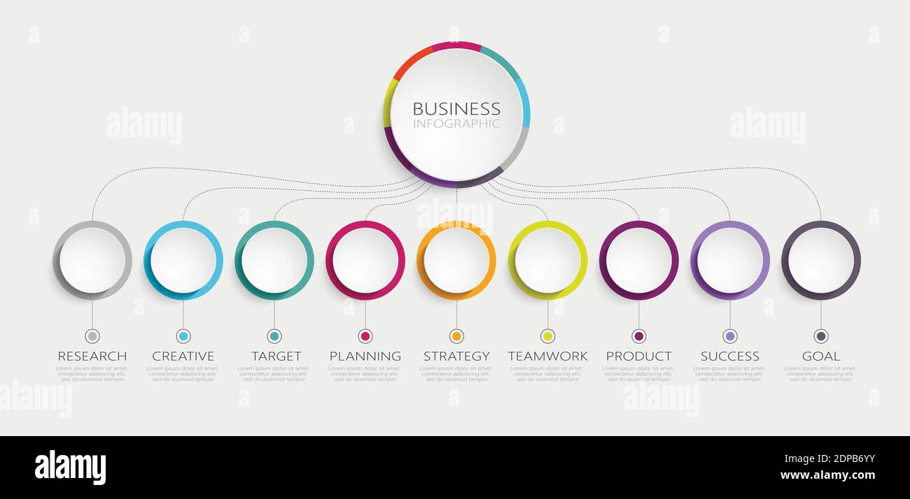 Modello infografico 3D astratto con 9 passaggi per il successo. Modello di Business Circle con opzioni per brochure, diagrammi, flusso di lavoro, timeline, web design Illustrazione Vettoriale