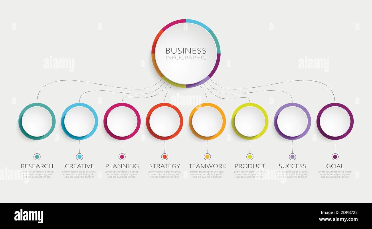 Modello infografico 3D astratto con 8 passaggi per il successo. Modello di Business Circle con opzioni per brochure, diagrammi, flusso di lavoro, timeline, web design Illustrazione Vettoriale