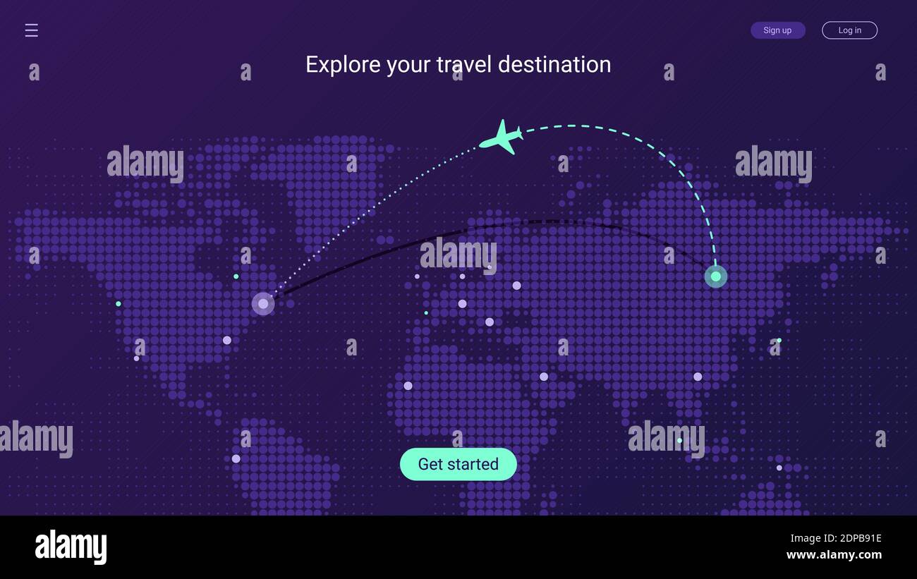 Informazioni sulla landing page di viaggio. Modello di mappa di viaggio mondiale con destinazione di volo e percorso. Viola futuristico punti mezzitoni sfondo. EPS vettoriale 10 Illustrazione Vettoriale