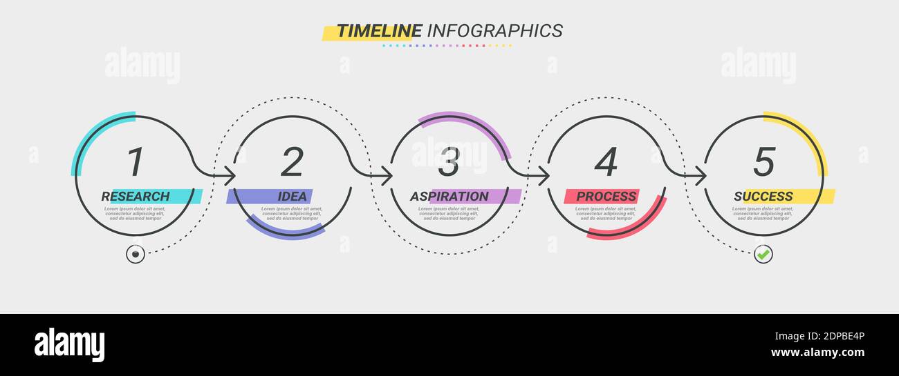 Modello infografico a linee sottili con 5 passaggi. Infografiche moderne del concetto di business con opzioni per brochure, diagrammi, flussi di lavoro, tempistiche. EPS vettoriale 1 Illustrazione Vettoriale