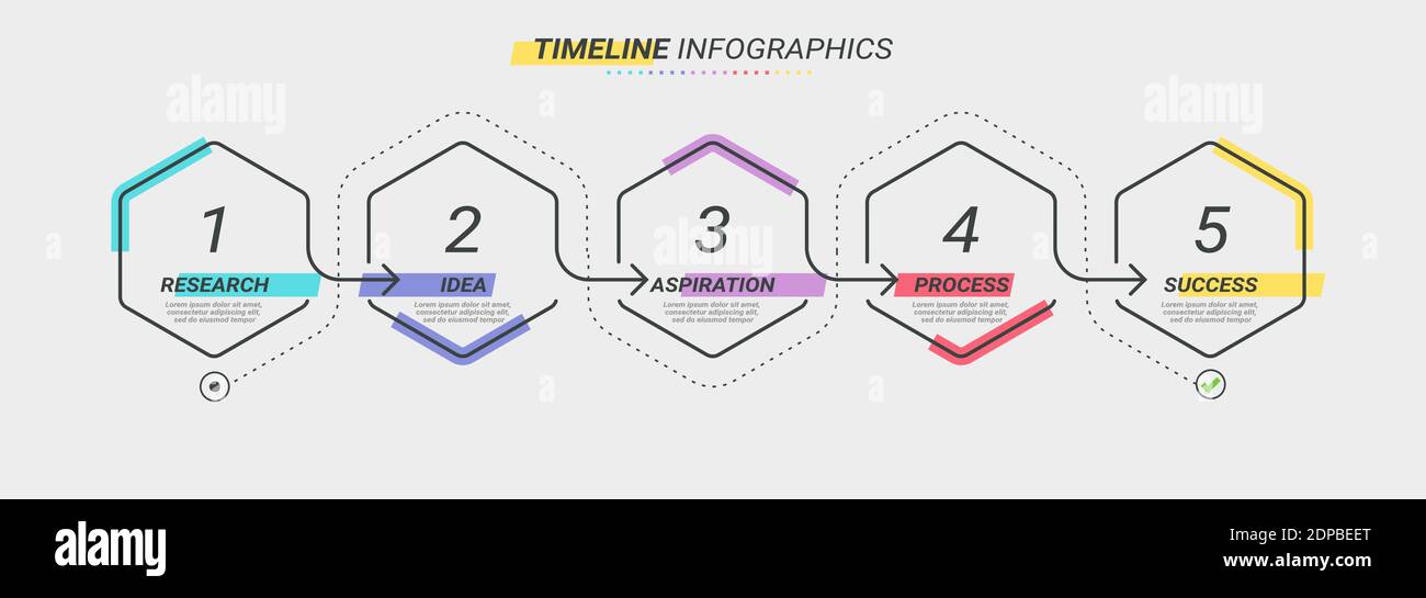 Modello infografico a linee sottili con 5 passaggi. Infografiche moderne del concetto di business con opzioni per brochure, diagrammi, flussi di lavoro, tempistiche. EPS vettoriale 1 Illustrazione Vettoriale