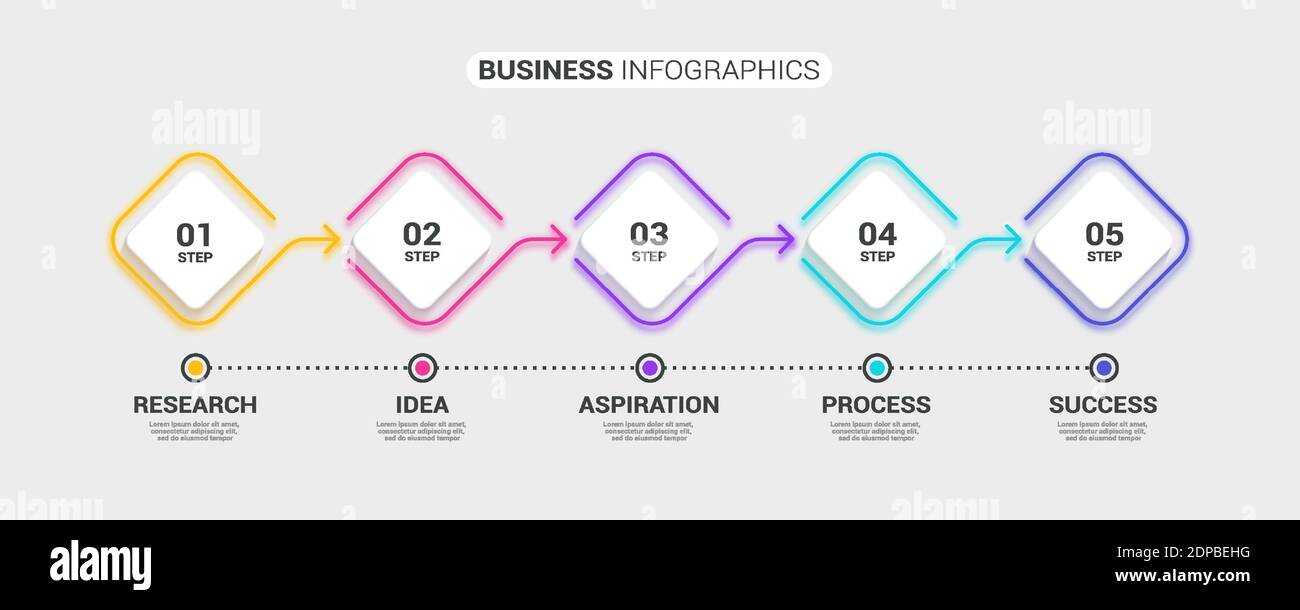 Modello infografico 3D sottile astratto al neon con 5 passaggi. Infografiche moderne del concetto di business con opzioni per brochure, diagrammi, flussi di lavoro, timel Illustrazione Vettoriale