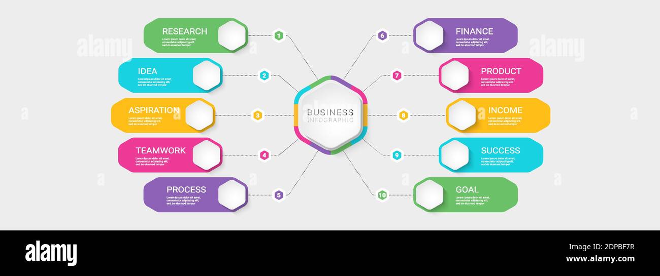 Modello infografico 3D moderno con 10 passaggi. Grafico dei processi aziendali con opzioni per brochure, diagramma, flusso di lavoro, sequenza temporale, opzioni dei numeri. Vettore EP Illustrazione Vettoriale