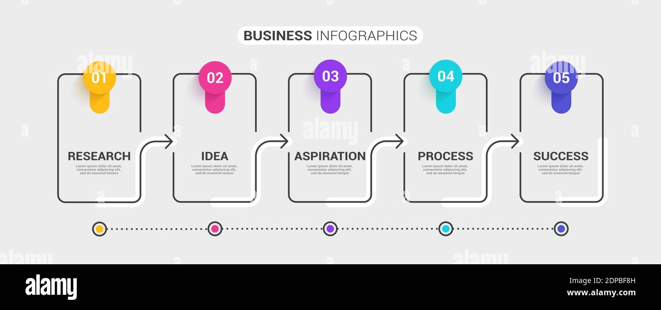 Modello infografico a linee sottili con 5 passaggi. Infografiche moderne del concetto di business con opzioni per brochure, diagrammi, flussi di lavoro, tempistiche. EPS vettoriale 1 Illustrazione Vettoriale