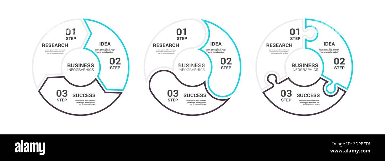 Modello infografico piano sottile con tre passaggi per il successo. Modello di Business Circle con opzioni per Brochure, diagramma, flusso di lavoro, Illustrazione Vettoriale
