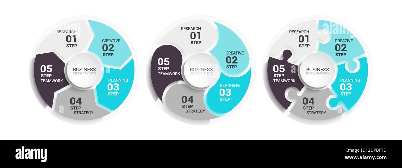 Moderno modello infografico 3D con una serie di cinque passaggi per il successo. Modello di Business Circle con opzioni per brochure, diagramma, flusso di lavoro, timel Illustrazione Vettoriale