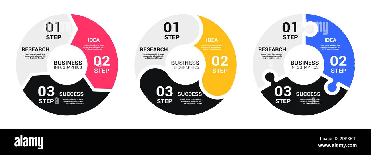 Grafico a forma di grafico rotondo modello infografico con tre passaggi per il successo. Modello di Business Circle con opzioni per Brochure, Diagram, Workflow, Timeli Illustrazione Vettoriale
