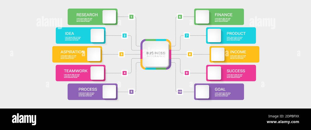 Modello infografico 3D moderno con 10 passaggi. Grafico dei processi aziendali con opzioni per brochure, diagramma, flusso di lavoro, sequenza temporale, opzioni dei numeri. Vettore EP Illustrazione Vettoriale