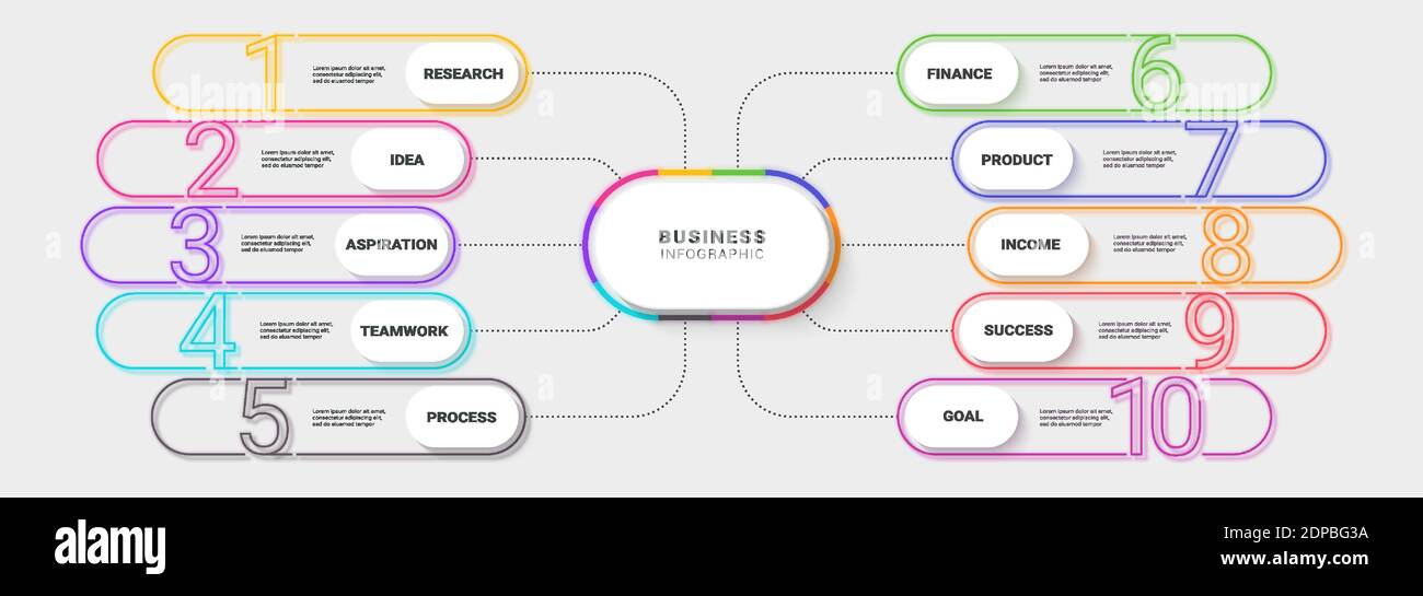 Moderno modello infografico della linea sottile di Neon dieci punti per successo. Grafico dei processi aziendali con opzioni per brochure, diagramma, flusso di lavoro, cronologia, Numbe Illustrazione Vettoriale