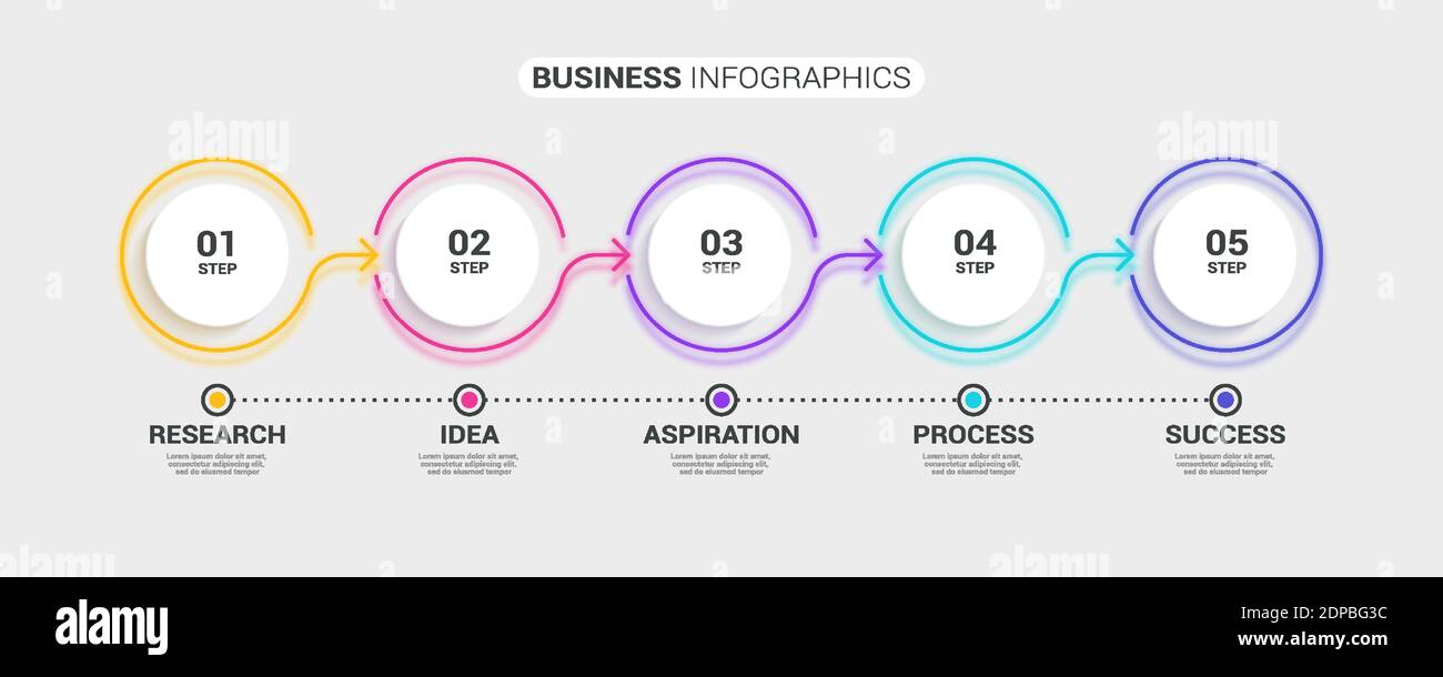 Modello infografico 3D sottile astratto al neon con 5 passaggi. Infografiche moderne del concetto di business con opzioni per brochure, diagrammi, flussi di lavoro, timel Illustrazione Vettoriale
