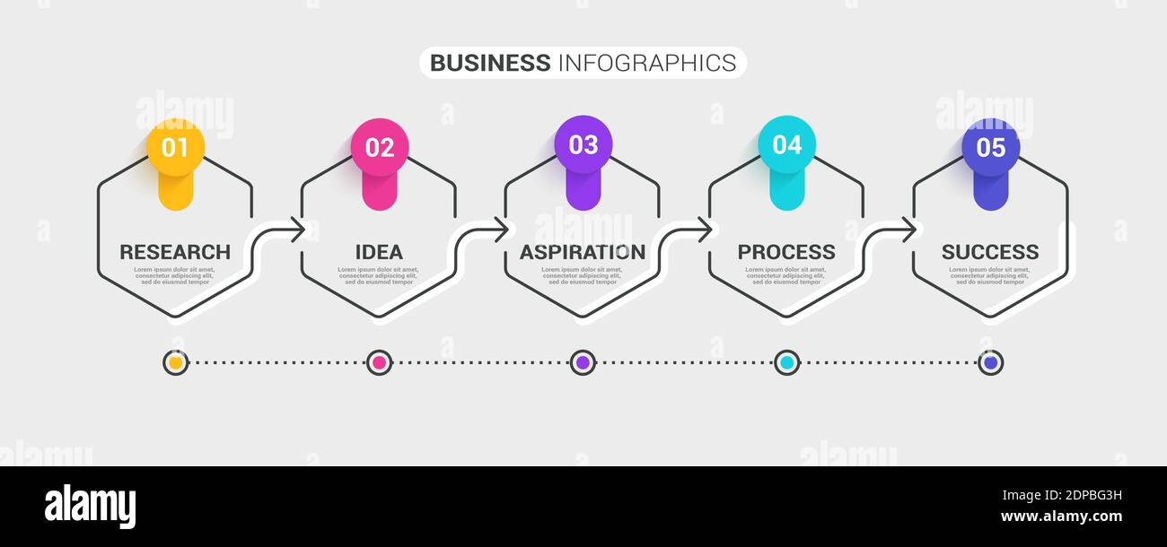Modello infografico a linee sottili con 5 passaggi. Infografiche moderne del concetto di business con opzioni per brochure, diagrammi, flussi di lavoro, tempistiche. EPS vettoriale 1 Illustrazione Vettoriale