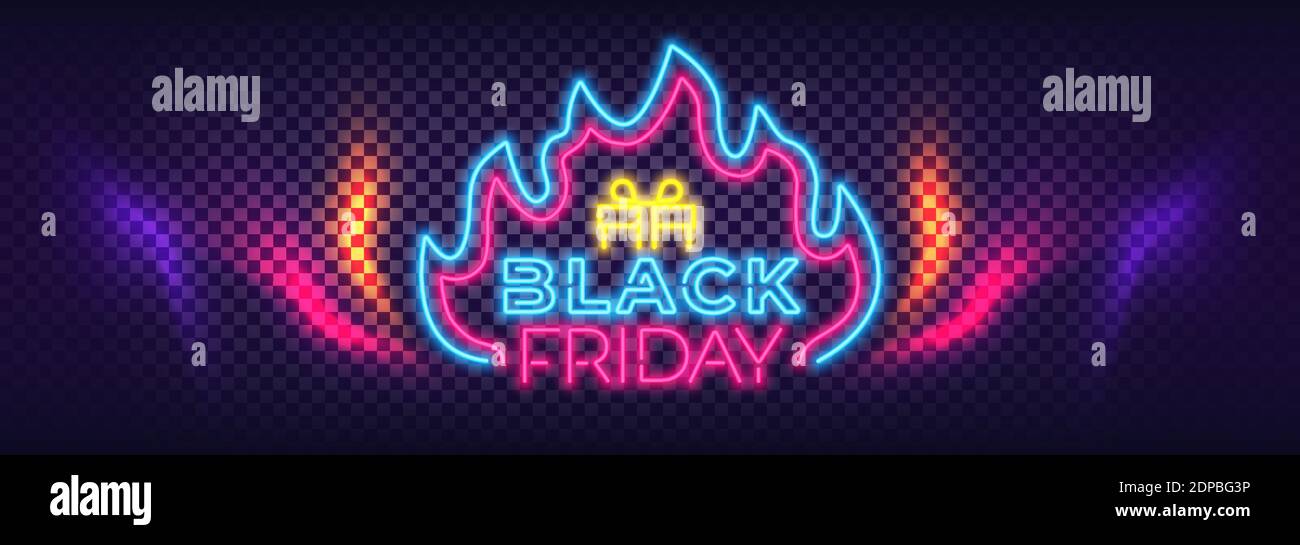 Banner colorato Neon in vendita il Black Friday. Cartelli Neon di testo moderno. Modello di concetto di vendita di sconti per il design trendy. Elementi per la pubblicità notturna brillante. V Illustrazione Vettoriale