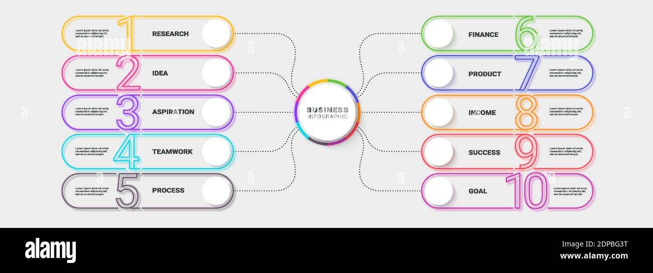 Moderno modello infografico della linea sottile di Neon dieci punti per successo. Grafico dei processi aziendali con opzioni per brochure, diagramma, flusso di lavoro, cronologia, Numbe Illustrazione Vettoriale