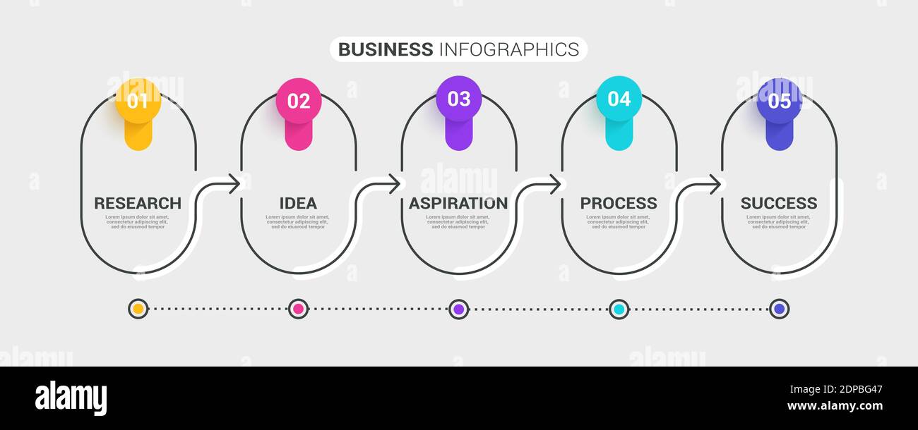 Modello infografico a linee sottili con 5 passaggi. Infografiche moderne del concetto di business con opzioni per brochure, diagrammi, flussi di lavoro, tempistiche. EPS vettoriale 1 Illustrazione Vettoriale