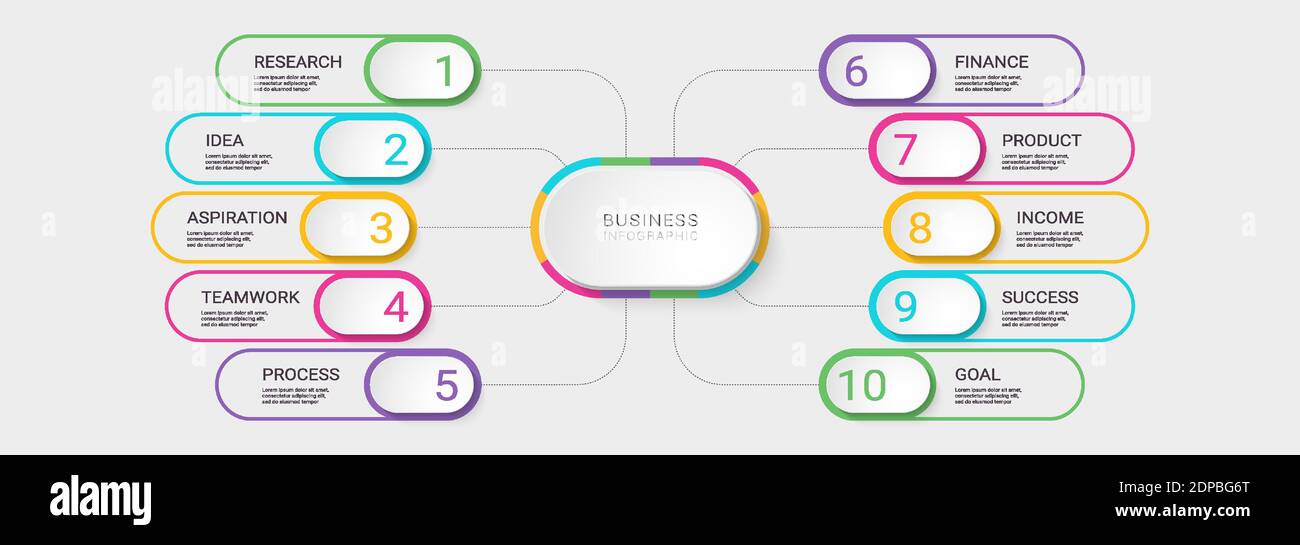 Modello infografico 3D moderno con 10 passaggi. Grafico dei processi aziendali con opzioni per brochure, diagramma, flusso di lavoro, sequenza temporale, opzioni dei numeri. Vettore EP Illustrazione Vettoriale