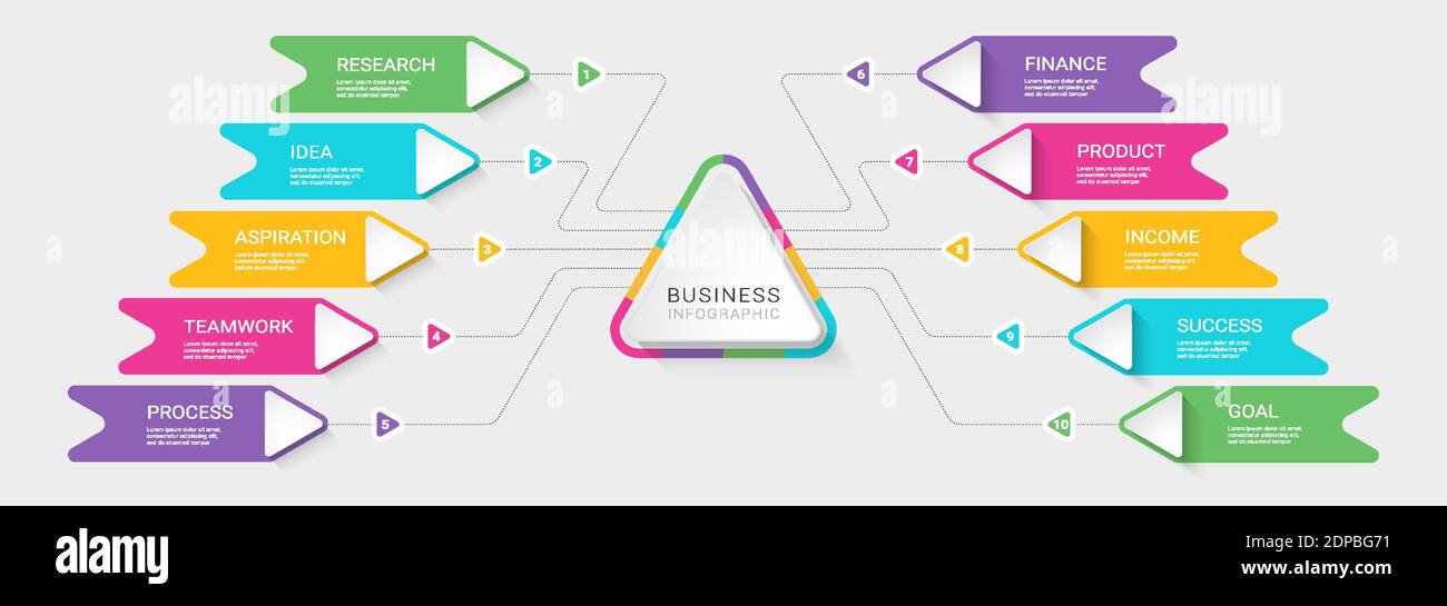 Modello infografico 3D moderno con 10 passaggi. Grafico dei processi aziendali con opzioni per brochure, diagramma, flusso di lavoro, sequenza temporale, opzioni dei numeri. Vettore EP Illustrazione Vettoriale