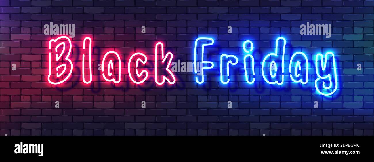 Banner colorato Neon in vendita il Black Friday. Alfabeto di Neon scritto a mano su sfondo scuro Brick Wall. Carattere colorato e luminoso per una luce notturna ad alta velocità Illustrazione Vettoriale